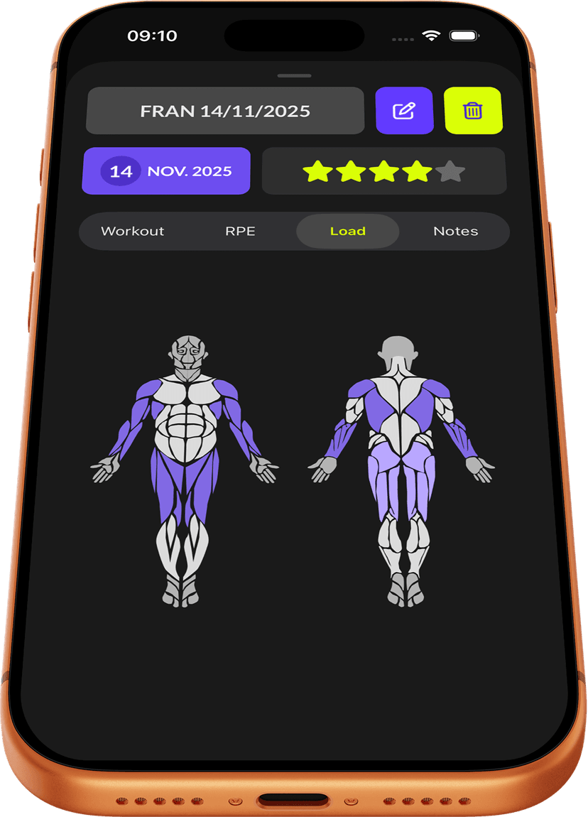 A view of the Rekup mobile app on a phone, showing the muscular load resulting from a workout