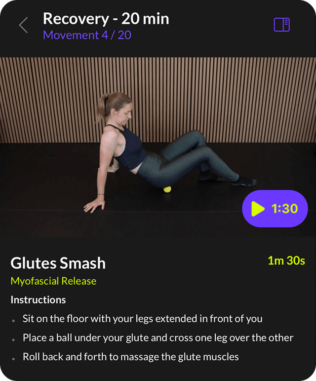 The recovery routine screen. It's showing the current movement which is glutes Smash along with time and instructions